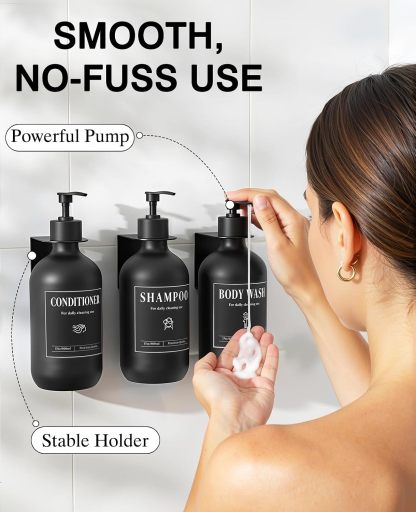 Luxspire Shampoo and Conditioner Dispenser, Shower Soap Dispenser Wall Mounted 3 Sets White Plastic Bottles Bamboo Pump, 500ml Shampoo and Conditioner Bottles for Bathroom, Shower Wall and Hotel