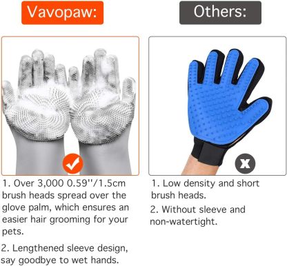 VavoPaw Pet Grooming Gloves - Dog Bathing Shampoo Brush with High Density Teeth, Heat Resistant Silicone Five Finger Design for Bathing and Massaging Dogs and Cats, Gray