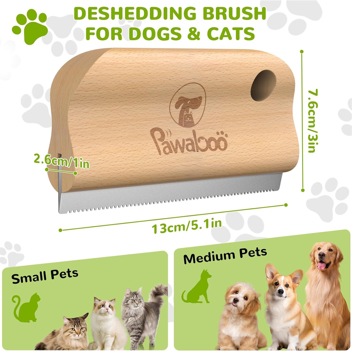 Pawaboo Deshedding Brush for Dogs & Cats, Dog Hair Removal Comb with Ergonomic Gripping, Wooden Grooming Shedding Brush for Short Hair Dogs and Cats, Hangable Pet Cleaning Comb Supplies