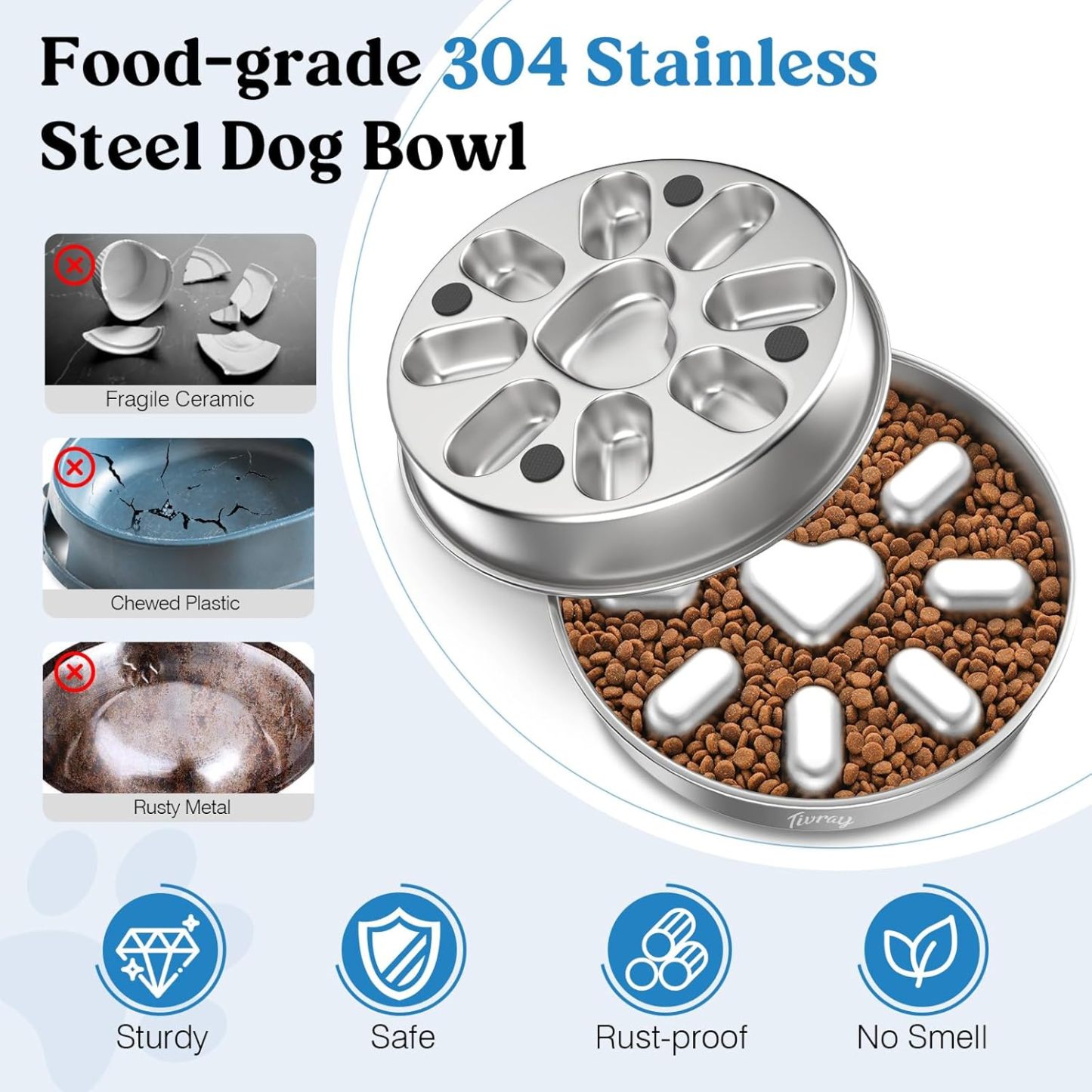 Pawaboo Slow Feeder Dog Bowls, 304 Stainless Steel Slow Feed Pet Bowl with Non-Slip Base for Medium Breed Dogs to Stop Bloat Prevent Choking, Dishwasher Safe, Silver