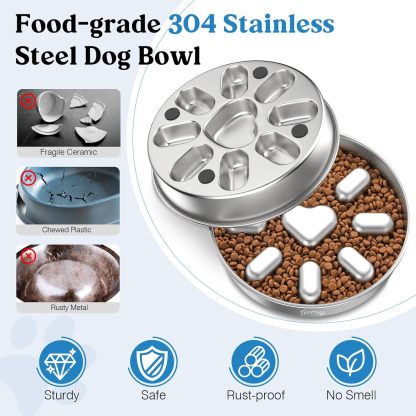 Pawaboo Slow Feeder Dog Bowls, 304 Stainless Steel Slow Feed Pet Bowl with Non-Slip Base for Medium Breed Dogs to Stop Bloat Prevent Choking, Dishwasher Safe, Silver