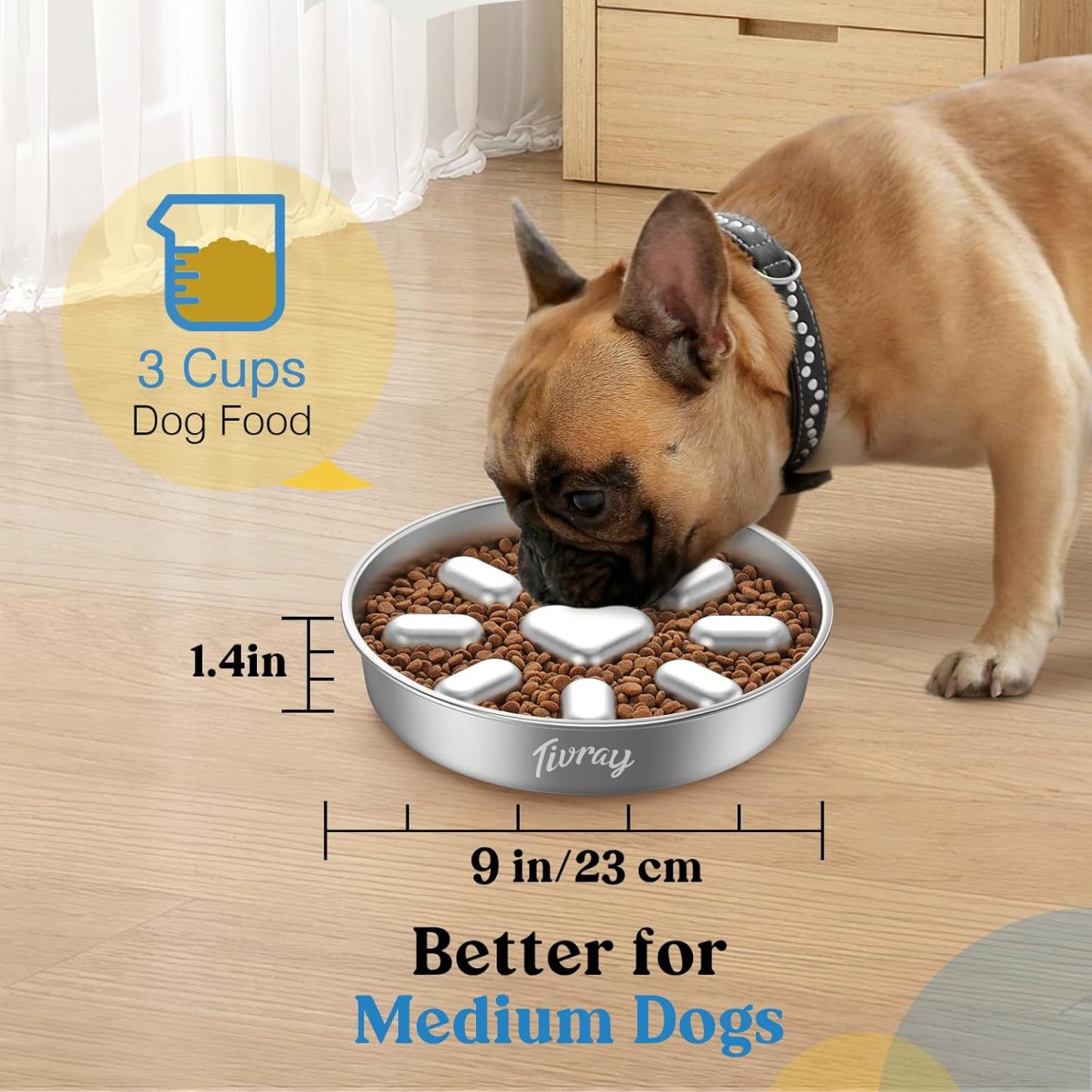 Pawaboo Slow Feeder Dog Bowls, 304 Stainless Steel Slow Feed Pet Bowl with Non-Slip Base for Medium Breed Dogs to Stop Bloat Prevent Choking, Dishwasher Safe, Silver