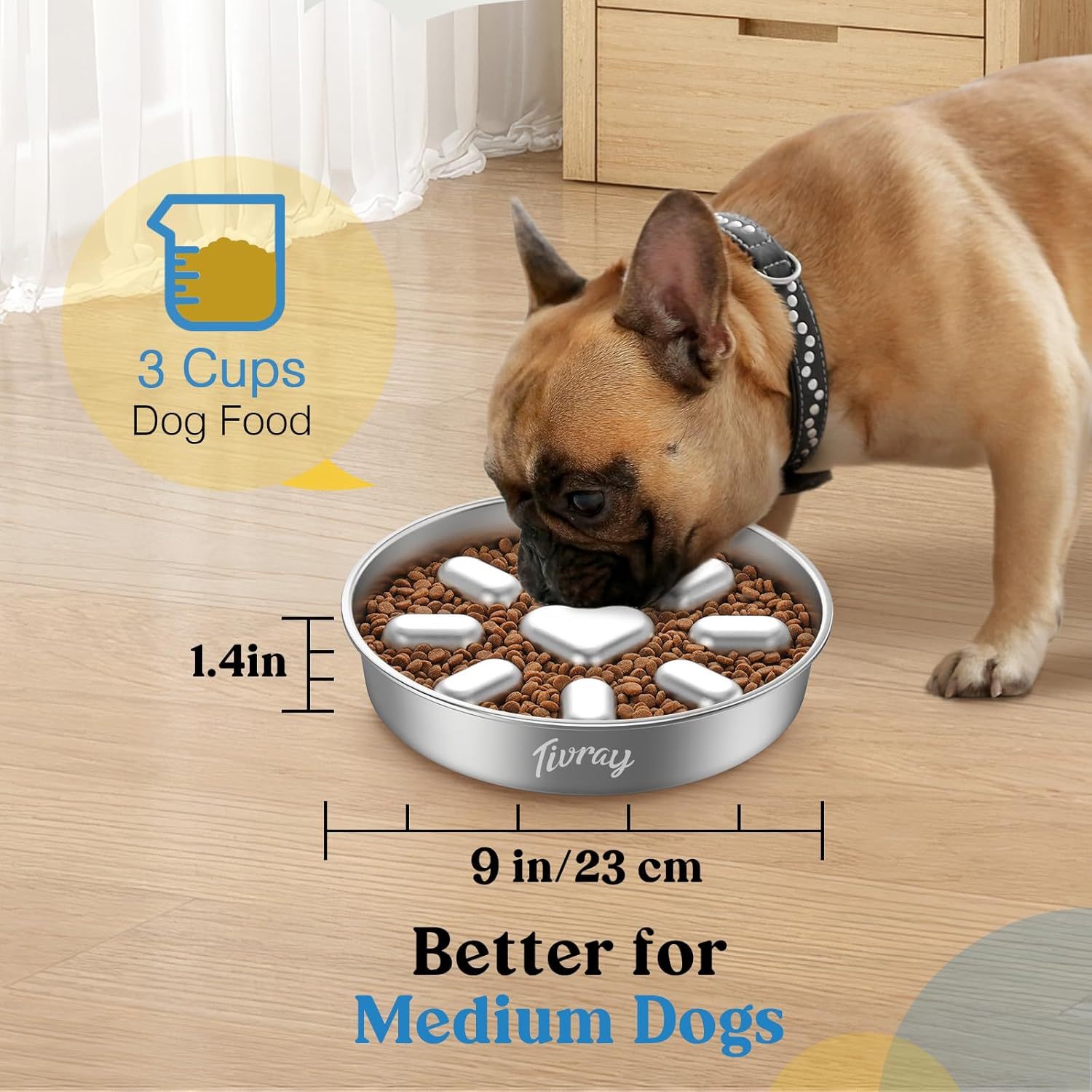 Pawaboo Slow Feeder Dog Bowls, 304 Stainless Steel Slow Feed Pet Bowl with Non-Slip Base for Medium Breed Dogs to Stop Bloat Prevent Choking, Dishwasher Safe, Silver
