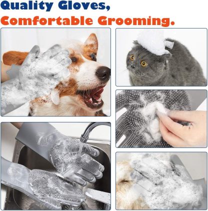 VavoPaw Pet Grooming Gloves - Dog Bathing Shampoo Brush with High Density Teeth, Heat Resistant Silicone Five Finger Design for Bathing and Massaging Dogs and Cats, Gray