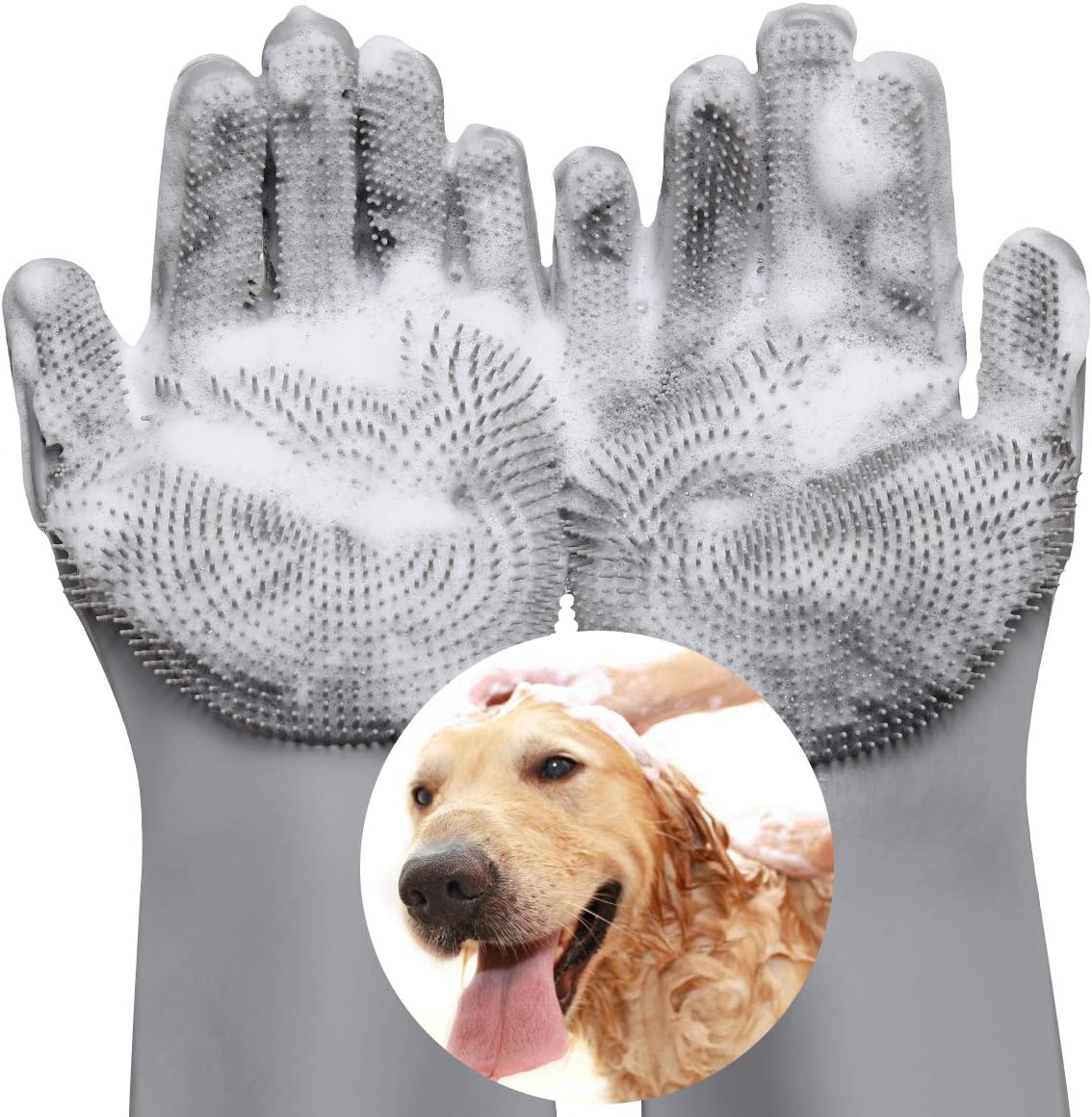 VavoPaw Pet Grooming Gloves - Dog Bathing Shampoo Brush with High Density Teeth, Heat Resistant Silicone Five Finger Design for Bathing and Massaging Dogs and Cats, Gray