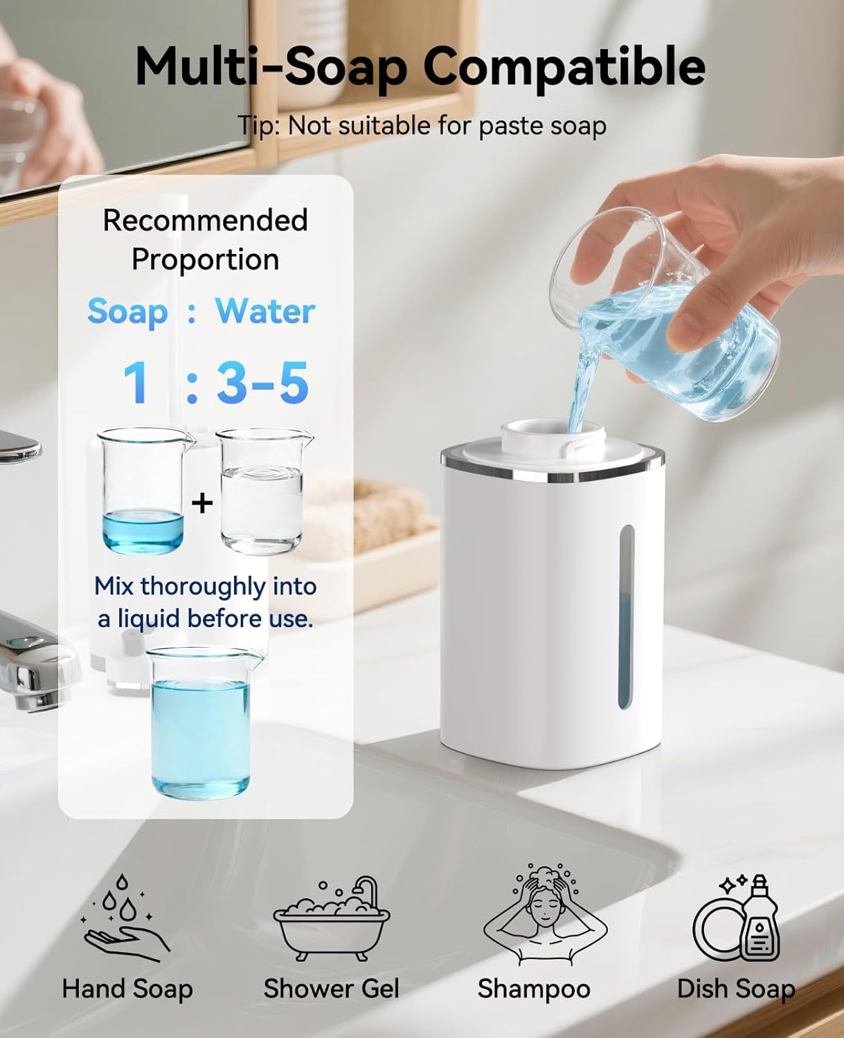 Luxspire Automatic Foaming Soap Dispenser, Touchless Foam Soap Dispenser, Rechargeabled 9 Adjustable Levels & IPX5 Waterproof Wall Mounted 420ml Soap Container for Bathroom, Kitchen and Hotel, White