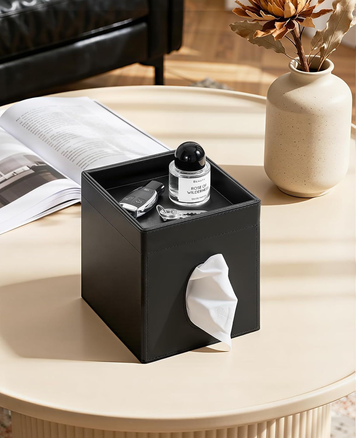Luxspire Square Tissue Box Cover, PU Leather Square Tissue Box Cover with Storage Tray, Tissue Box Holder, Tissues Cube Boxes Cover for Living Room, Bedroom Countertop Cars Hotels