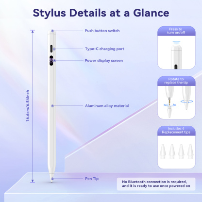 TIMOVO iPad Pencil for (A16) 11th Gen with Power Display, Stylus Pen for 2018-2025 Apple iPad 10/9/8/7/6, Air M3/M2 11"/13"/5/4/3, Mini 7/6/5, Pro M4 13"/12.9"/11", White