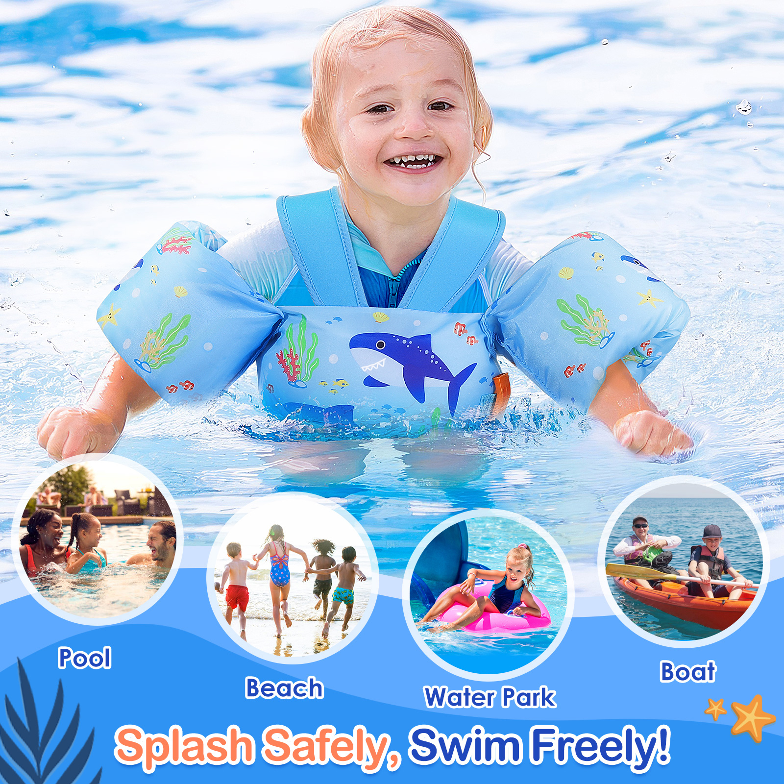 MoKo Kids Swimm Vest for 20-50lbs, Toddler Floaties with Crotch Strap and Whistle, Blue Shark