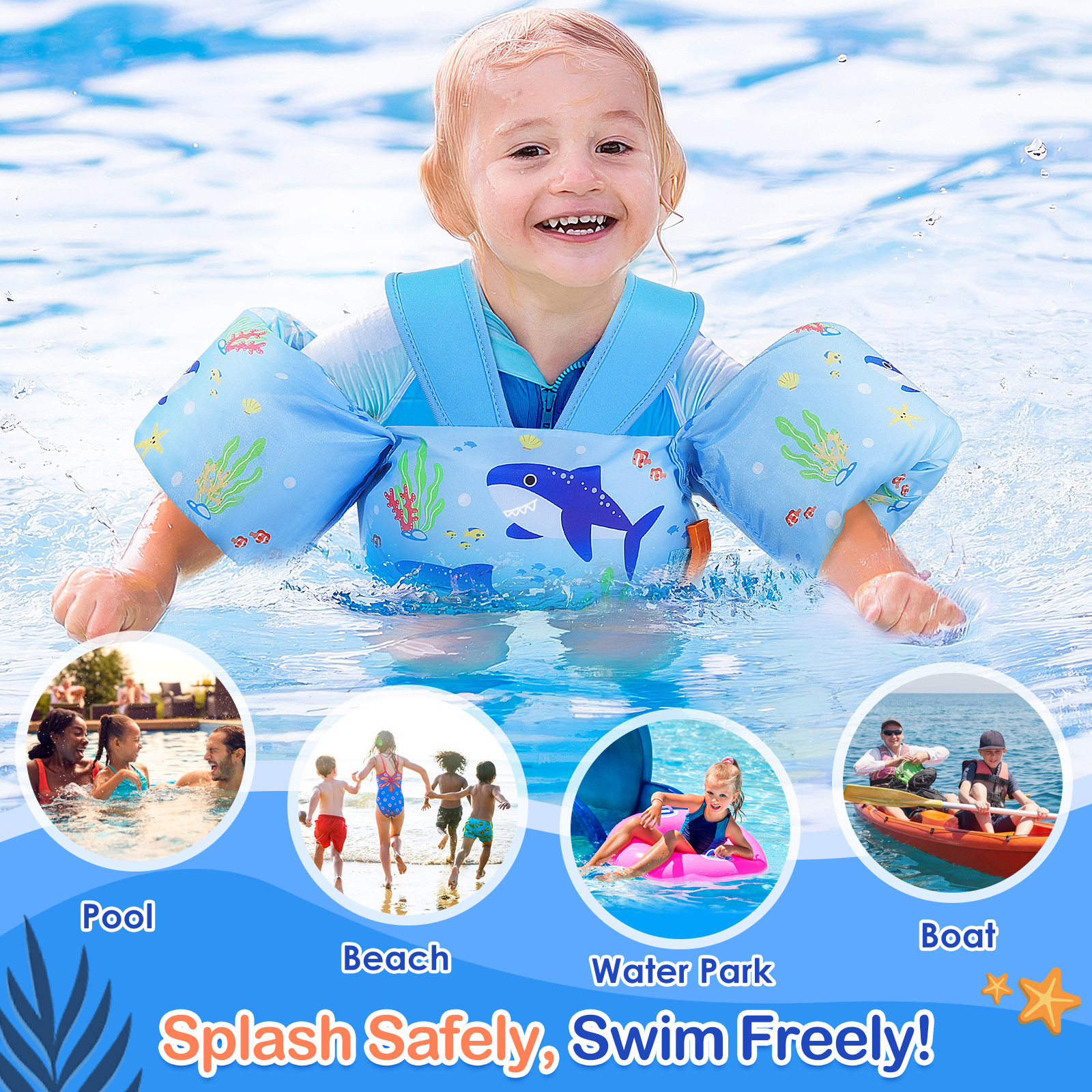 MoKo Kids Swimm Vest for 20-50lbs, Toddler Floaties with Crotch Strap and Whistle, Blue Shark