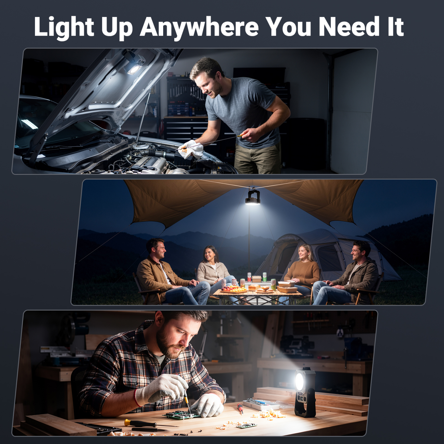 2-Pack Magnetic Rechargeable Work Light, 2000LM LED Work Light, COB & LED Dual Lighting Sources, Stepless Dimming, Portable Flashlighs for Car Repair, Camping, Emergency, Black Grey