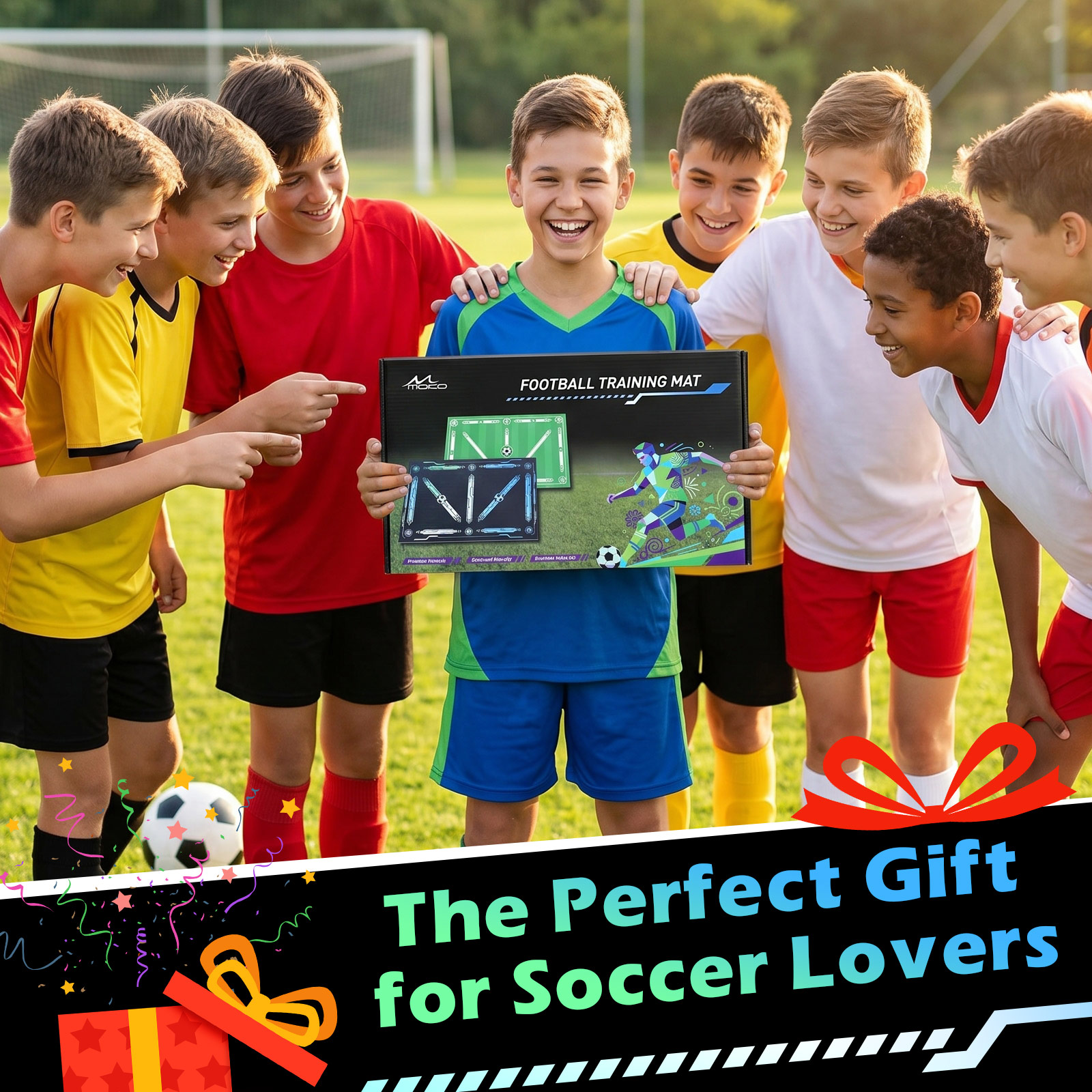 MoKo 35"x24" Soccer Training Mat with Video, Soccer Training Equipment for Kids Improve Agility & Coordination, Non-Slip Socks & Storage Bag, Portable Soccer Trainer Kit Gift for Players, Black