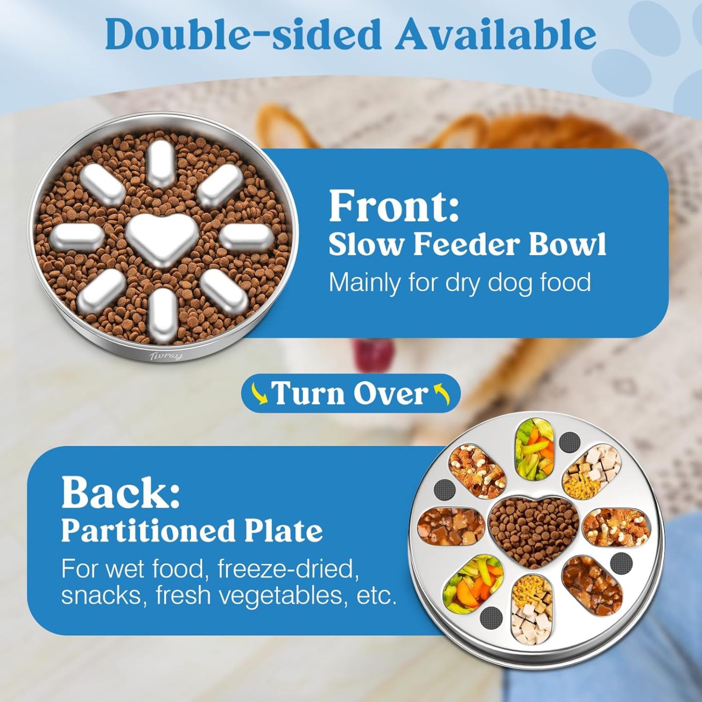 Pawaboo Slow Feeder Dog Bowls, 304 Stainless Steel Slow Feed Pet Bowl with Non-Slip Base for Medium Breed Dogs to Stop Bloat Prevent Choking, Dishwasher Safe, Silver