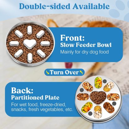 Pawaboo Slow Feeder Dog Bowls, 304 Stainless Steel Slow Feed Pet Bowl with Non-Slip Base for Medium Breed Dogs to Stop Bloat Prevent Choking, Dishwasher Safe, Silver