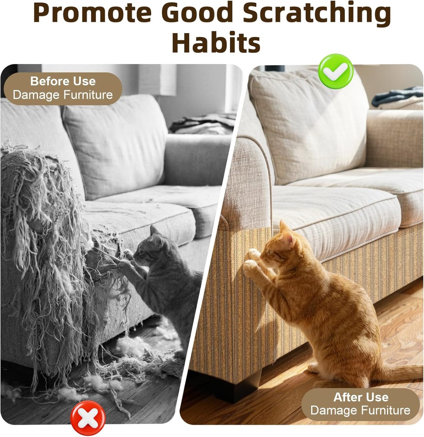 Tivray Cat Scratch Mat, 39.4 * 11.8IN Cork Cat Scratch Pad, Adhesive Scratching Couch Furniture Protector, DIY Scratching Pad, Corrugated Paper Scratcher from Claws for Indoor, Brown