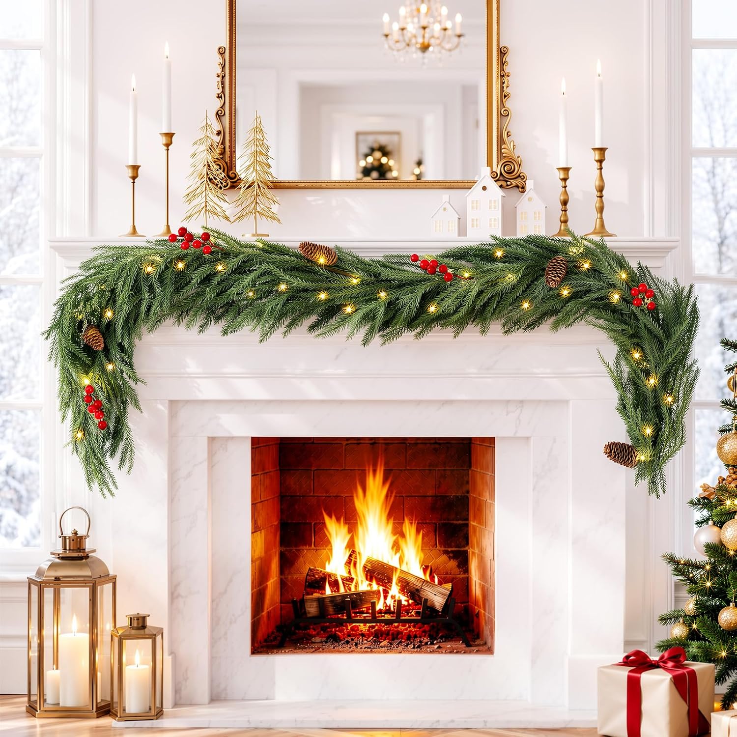 Luxspire Christmas Garland with Lights, 6Ft Timer & 20 Warm White LED Prelit Christmas Garland with Golden Balls