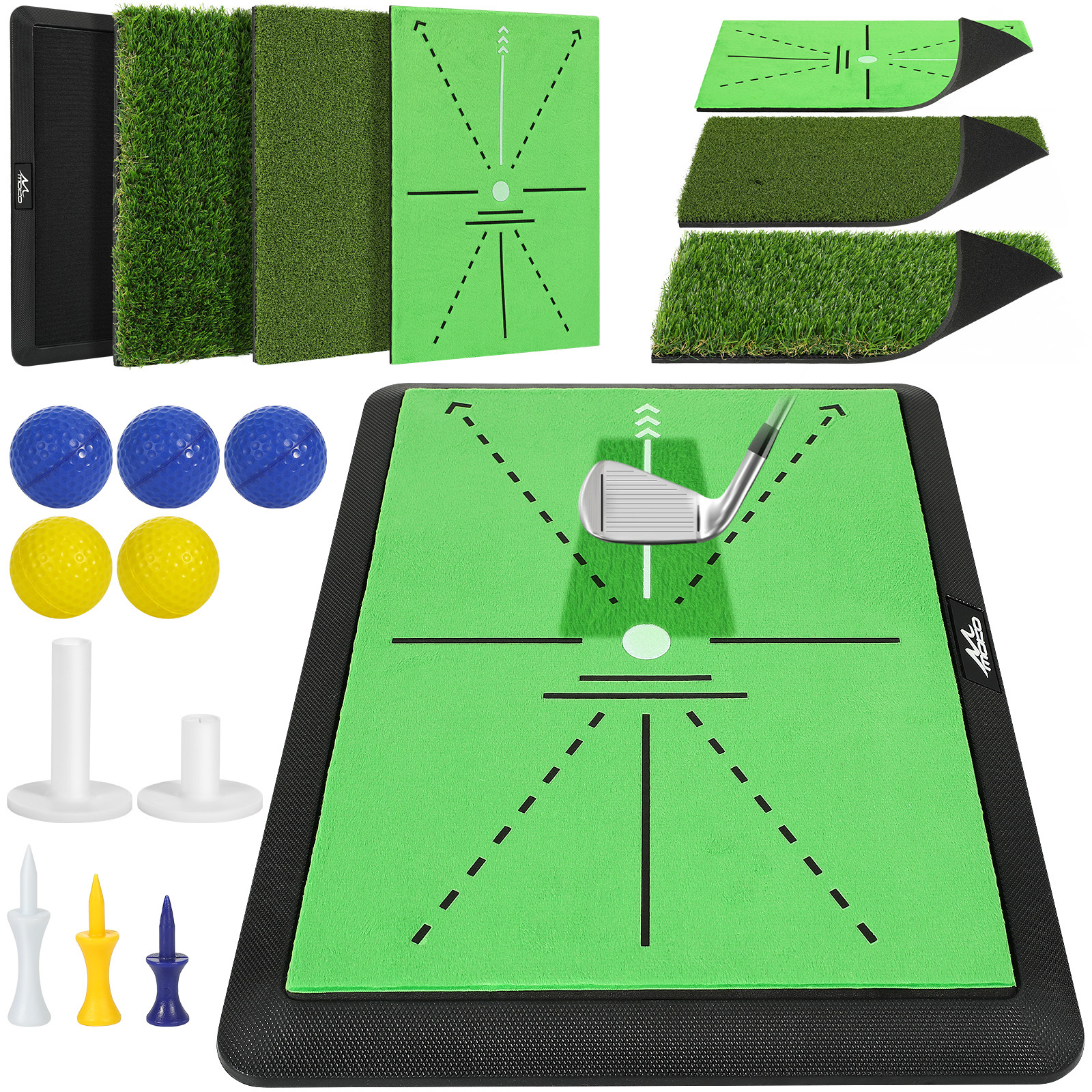 MoKo Golf Hitting Mat, 3 in 1 Golf Practice Mat for Swing Path Feedback Includes Fairway, Rough & Putting Pad Training Mats on No-Slip Rubber Base, Golfer Gifts for Men Women