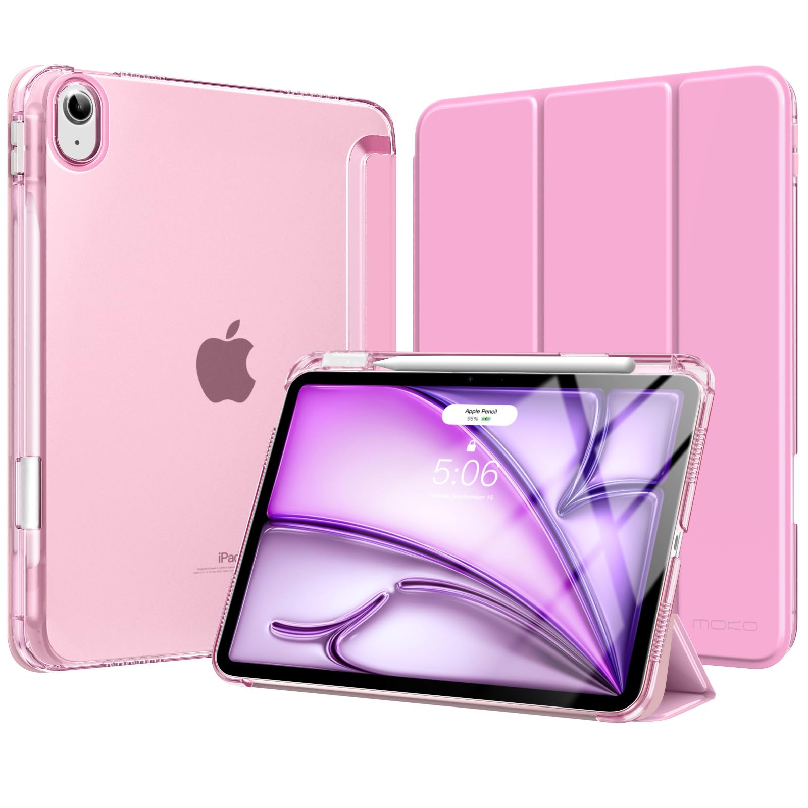 MoKo for iPad Air 11 inch Case (M4/M3/M2) 2026/2025/2024, iPad Air 5th/4th Gen 10.9 inch Case 2022/2020 with Pencil Holder, Slim Light Trifold Cover with Hard PC Translucent Back Shell, Pink