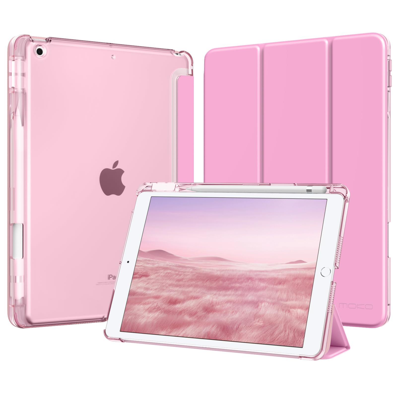 MoKo Case for iPad 9th/8th/7th Generation Case 10.2-Inch 2021/2020/2019 with Pencil Holder, Slim Light Trifold Protective Cover for iPad 10.2 with Hard PC Translucent Back Shell, Pink
