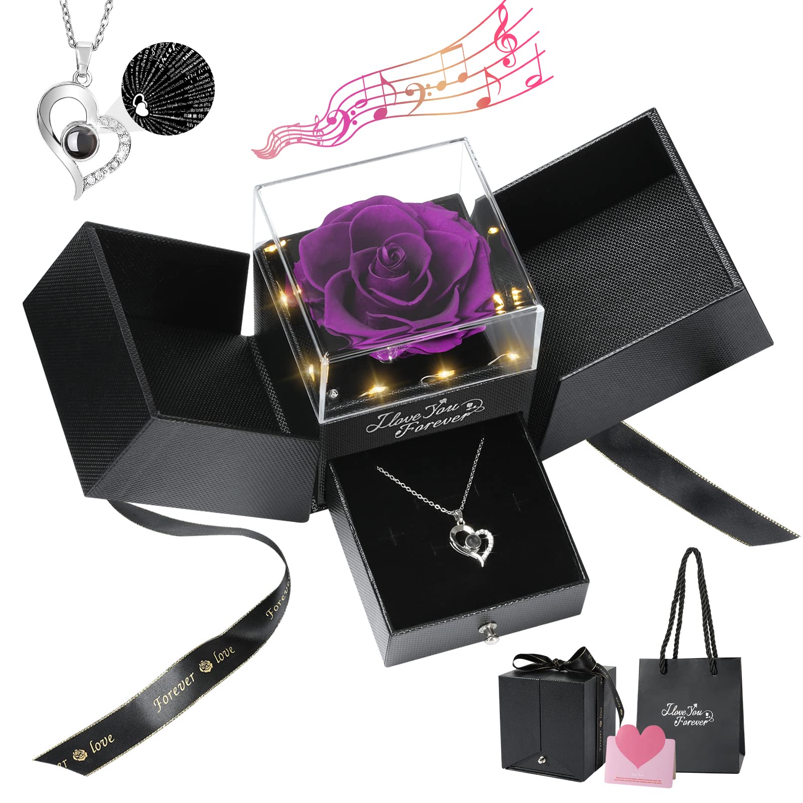 Emibele Preserved Rose Flower with Heart Necklace, Eternal Purple Rose Gifts for Her Women Mom Wife Grandma on Mothers Day Anniversary Birthday Valentines