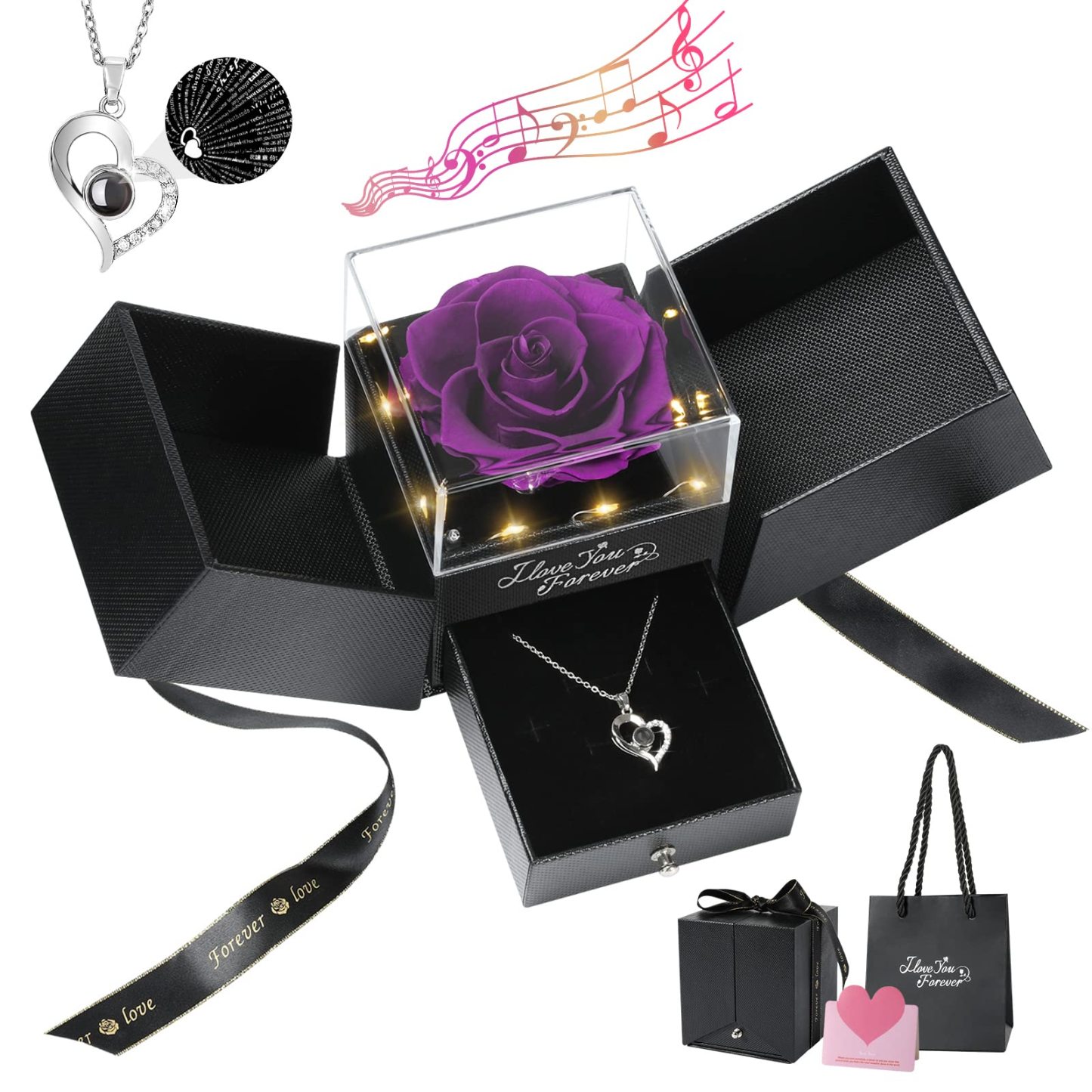 Emibele Preserved Rose Flower with Heart Necklace, Eternal Purple Rose Gifts for Her Women Mom Wife Grandma on Mothers Day Anniversary Birthday Valentines