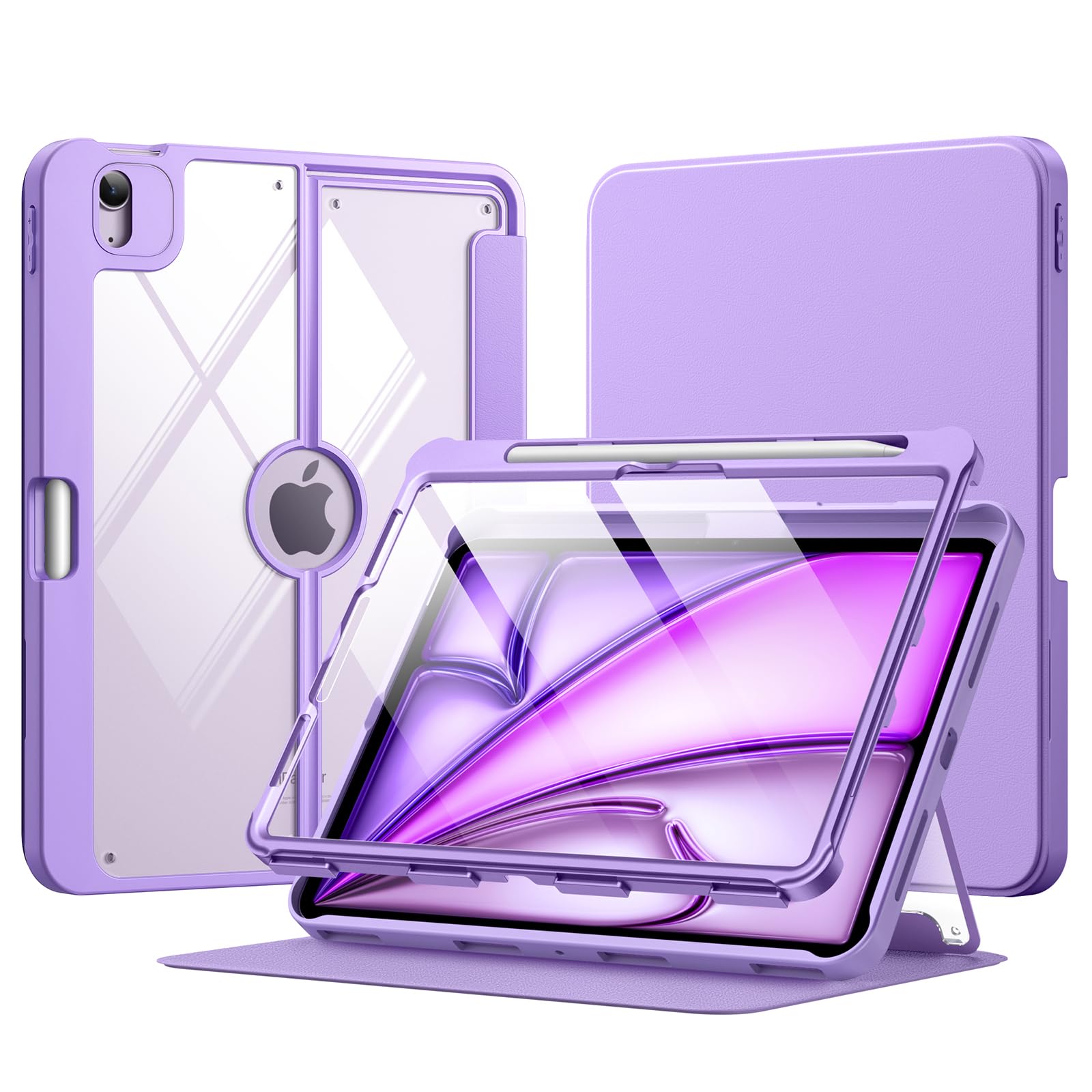 MoKo for iPad Air 11 Inch Case 7th/6th Generation M3/M2 2025/2024, iPad Air 5th/4th Gen Case 10.9 Inch 2022/2020 with Pencil Holder, Screen Protector, Lens Protector, Magnetic Multi Angle, Purple
