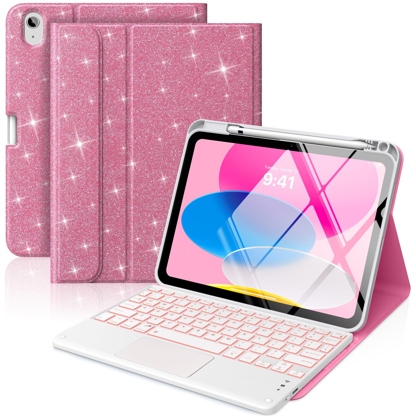 MoKo Keyboard Case for iPad A16 11th/10th Generation Case (2025/2022） with Pencil Holder,7 Colors Backlight Detachable Bluetooth Keyboard Case Cover,Shiny Pink