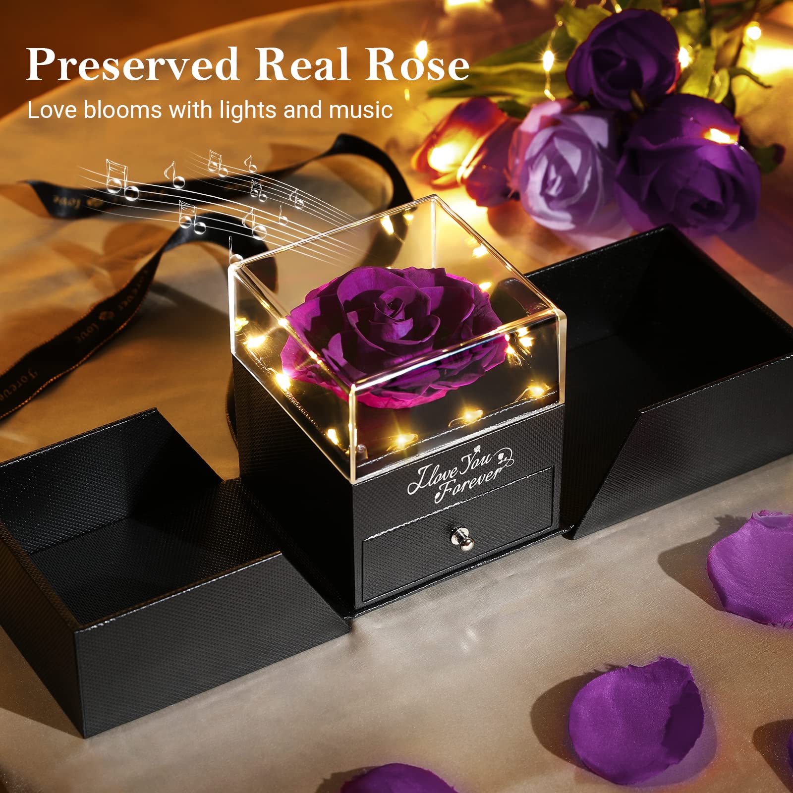 Emibele Preserved Rose Flower with Heart Necklace, Eternal Purple Rose Gifts for Her Women Mom Wife Grandma on Mothers Day Anniversary Birthday Valentines