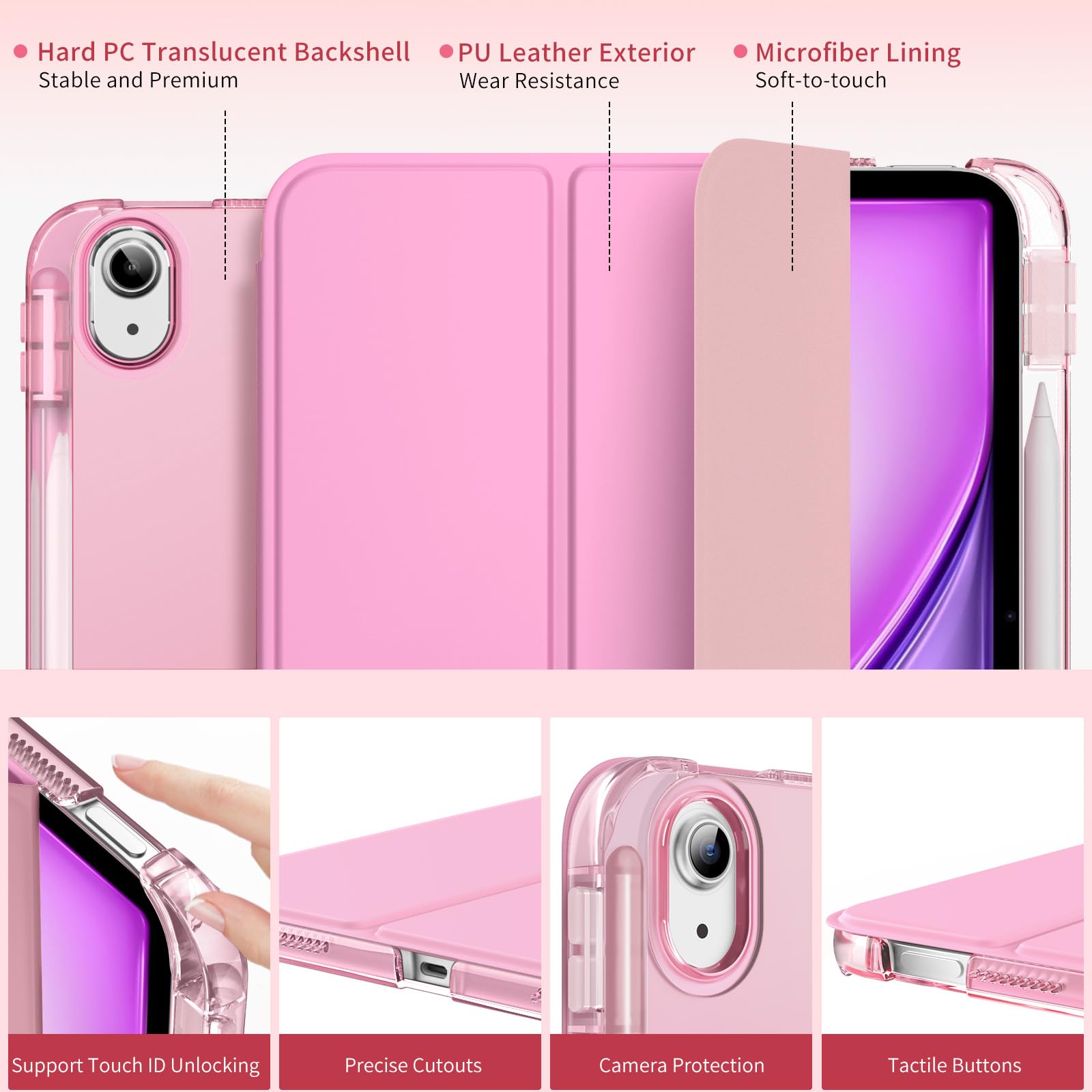 MoKo for iPad Air 11 inch Case (M4/M3/M2) 2026/2025/2024, iPad Air 5th/4th Gen 10.9 inch Case 2022/2020 with Pencil Holder, Slim Light Trifold Cover with Hard PC Translucent Back Shell, Pink