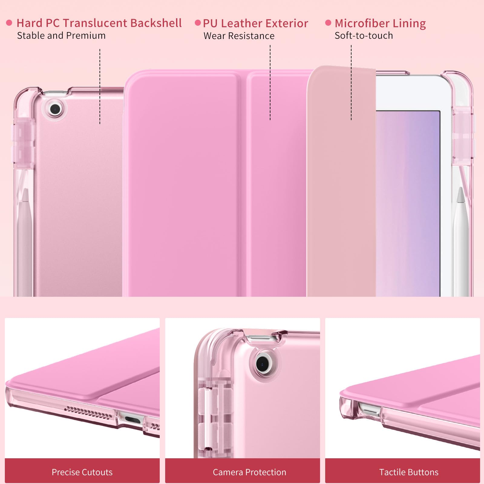 MoKo Case for iPad 9th/8th/7th Generation Case 10.2-Inch 2021/2020/2019 with Pencil Holder, Slim Light Trifold Protective Cover for iPad 10.2 with Hard PC Translucent Back Shell, Pink