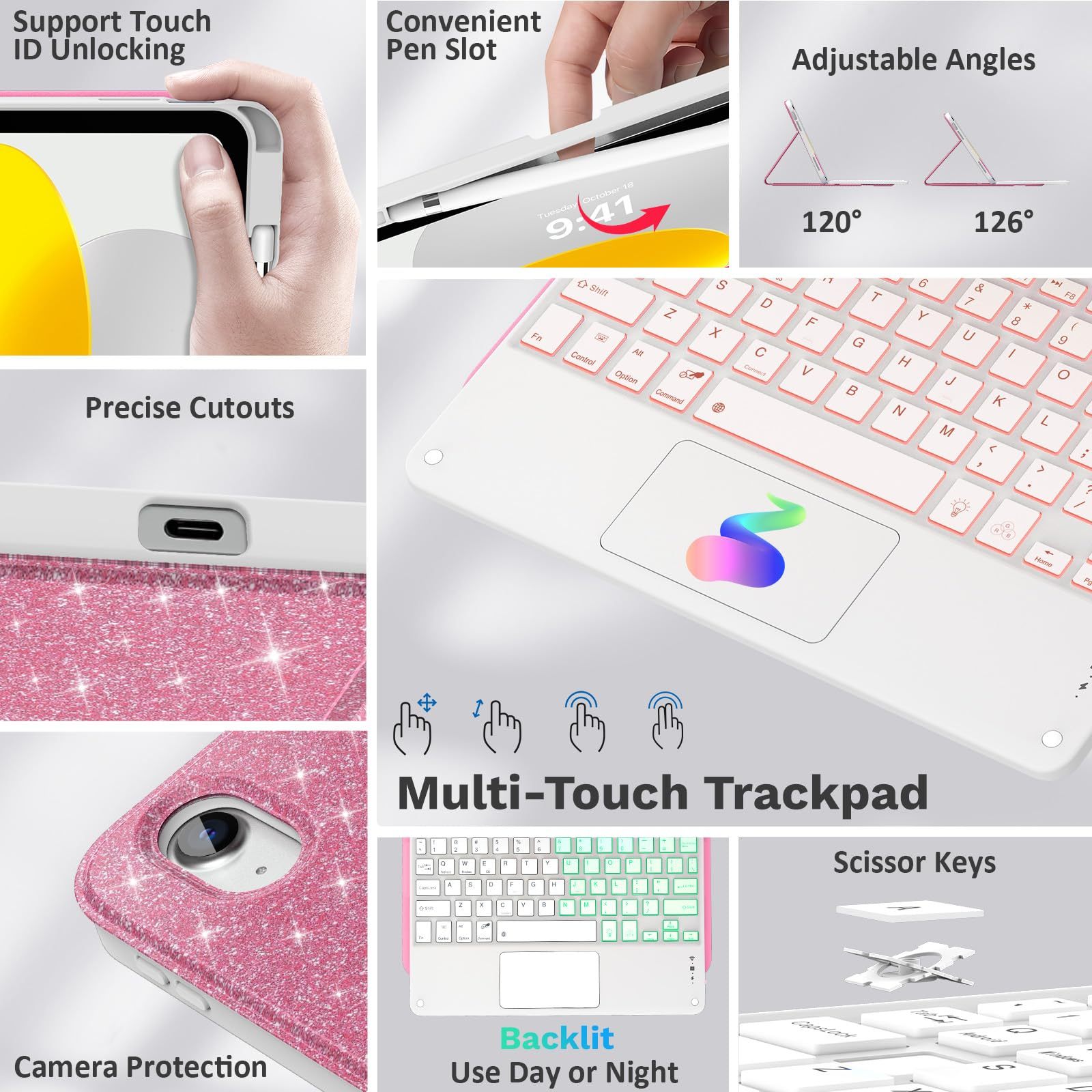 MoKo Keyboard Case for iPad A16 11th/10th Generation Case (2025/2022） with Pencil Holder,7 Colors Backlight Detachable Bluetooth Keyboard Case Cover,Shiny Pink