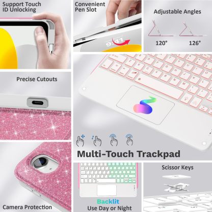 MoKo Keyboard Case for iPad A16 11th/10th Generation Case (2025/2022） with Pencil Holder,7 Colors Backlight Detachable Bluetooth Keyboard Case Cover,Shiny Pink