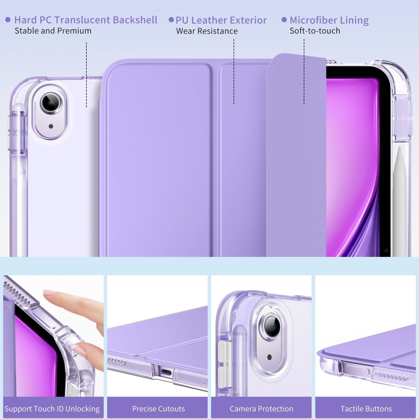 MoKo Case for iPad Air 11 inch Case (M4 2026/M3 2025/M2 2024), iPad Air 5th/4th Gen 10.9 inch Case 2022/2020 with Pencil Holder, Slim Trifold with Translucent Back Shell, Lilac