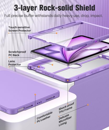 MoKo for iPad Air 11 Inch Case 7th/6th Generation M3/M2 2025/2024, iPad Air 5th/4th Gen Case 10.9 Inch 2022/2020 with Pencil Holder, Screen Protector, Lens Protector, Magnetic Multi Angle, Purple