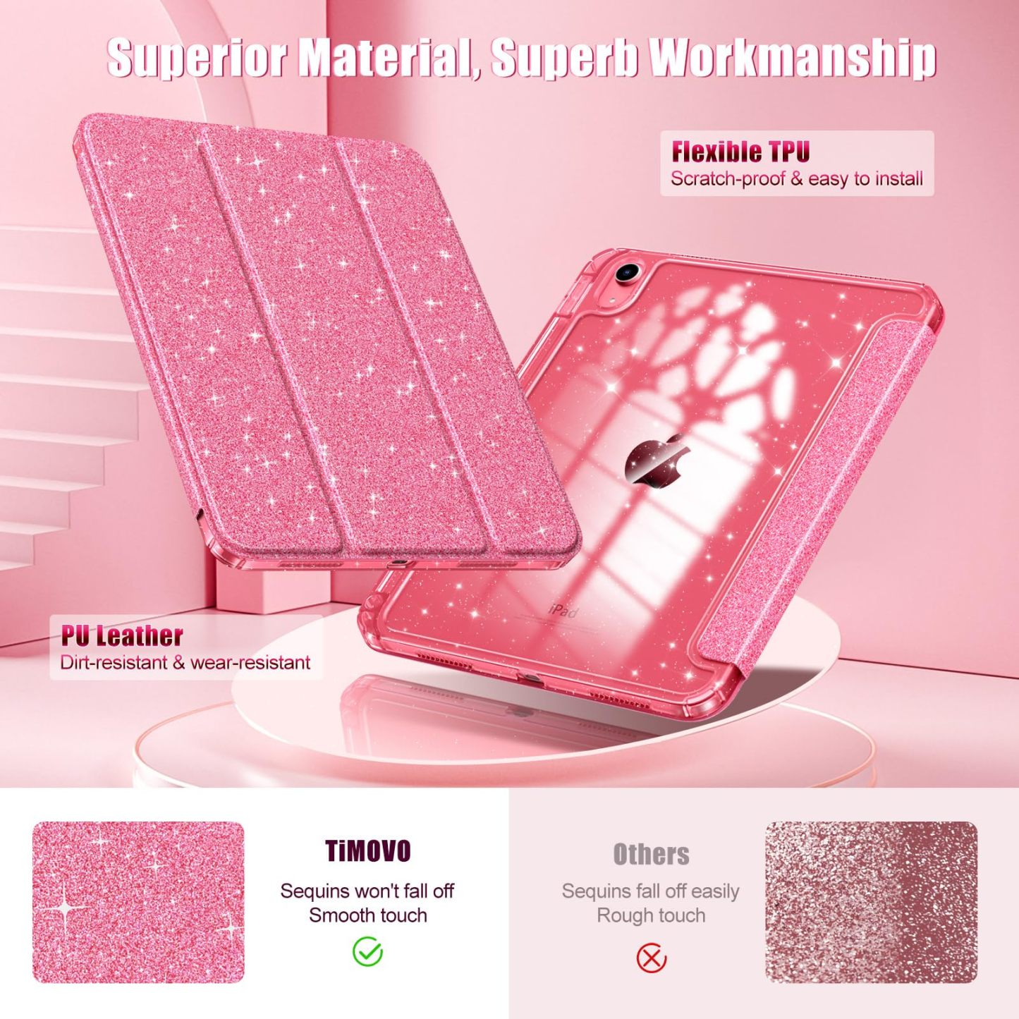 TiMOVO Case for iPad (A16) 11th Generation 11 Inch 2025, iPad 10th Generation Case 10.9 Inch 2022, Glitter TPU Cover with Pencil Holder,Auto Wake/Sleep,Glitter Pink