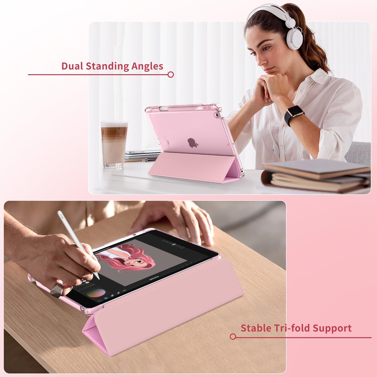 MoKo Case for iPad 9th/8th/7th Generation Case 10.2-Inch 2021/2020/2019 with Pencil Holder, Slim Light Trifold Protective Cover for iPad 10.2 with Hard PC Translucent Back Shell, Pink