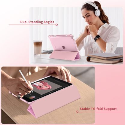 MoKo Case for iPad 9th/8th/7th Generation Case 10.2-Inch 2021/2020/2019 with Pencil Holder, Slim Light Trifold Protective Cover for iPad 10.2 with Hard PC Translucent Back Shell, Pink