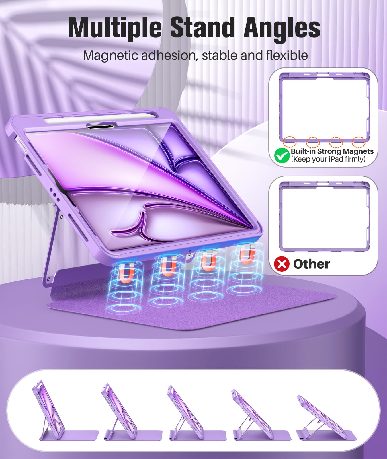 MoKo for iPad Air 11 Inch Case 7th/6th Generation M3/M2 2025/2024, iPad Air 5th/4th Gen Case 10.9 Inch 2022/2020 with Pencil Holder, Screen Protector, Lens Protector, Magnetic Multi Angle, Purple