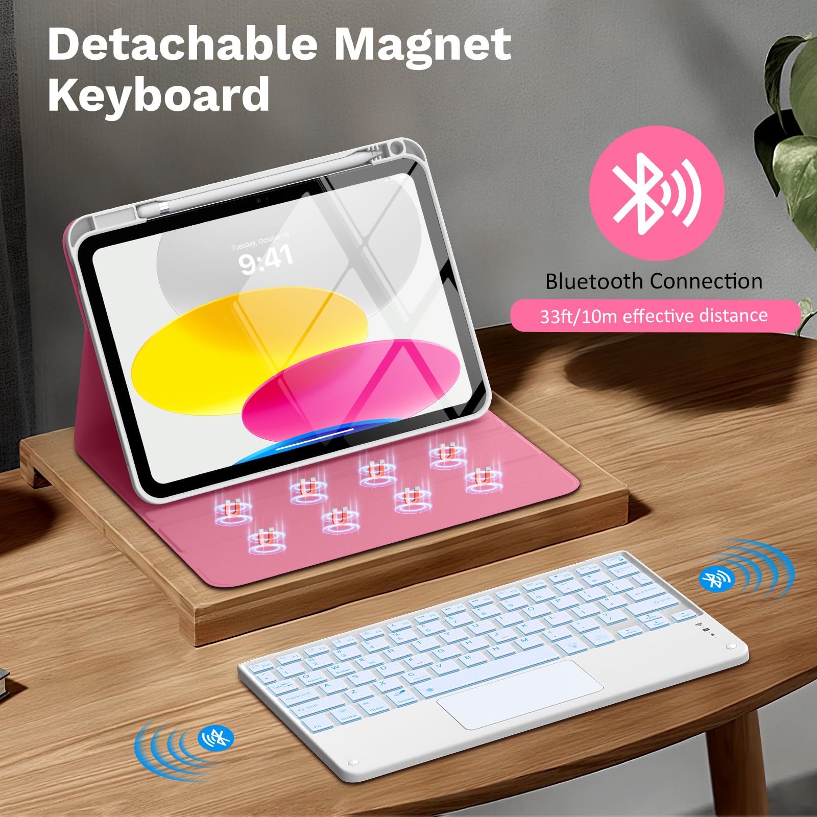 MoKo Keyboard Case for iPad A16 11th/10th Generation Case (2025/2022） with Pencil Holder,7 Colors Backlight Detachable Bluetooth Keyboard Case Cover,Shiny Pink