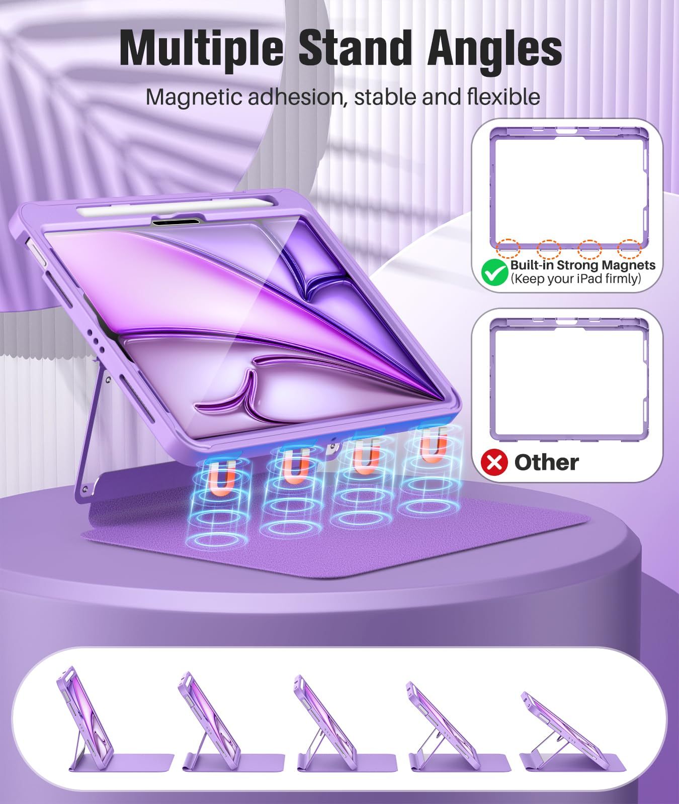 MoKo for iPad Air 11 Inch Case 7th/6th Generation M3/M2 2025/2024, iPad Air 5th/4th Gen Case 10.9 Inch 2022/2020 with Pencil Holder, Screen Protector, Lens Protector, Magnetic Multi Angle, Purple