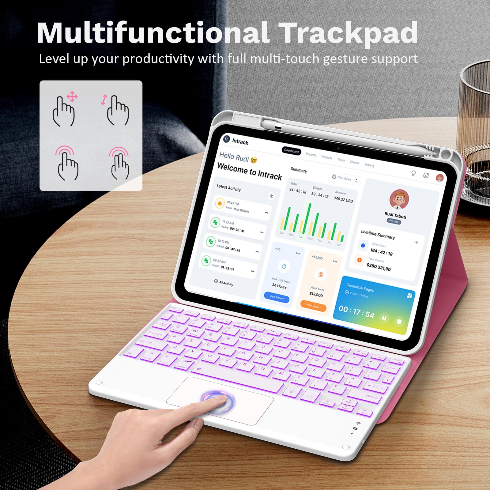 MoKo Keyboard Case for iPad A16 11th/10th Generation Case (2025/2022） with Pencil Holder,7 Colors Backlight Detachable Bluetooth Keyboard Case Cover,Shiny Pink