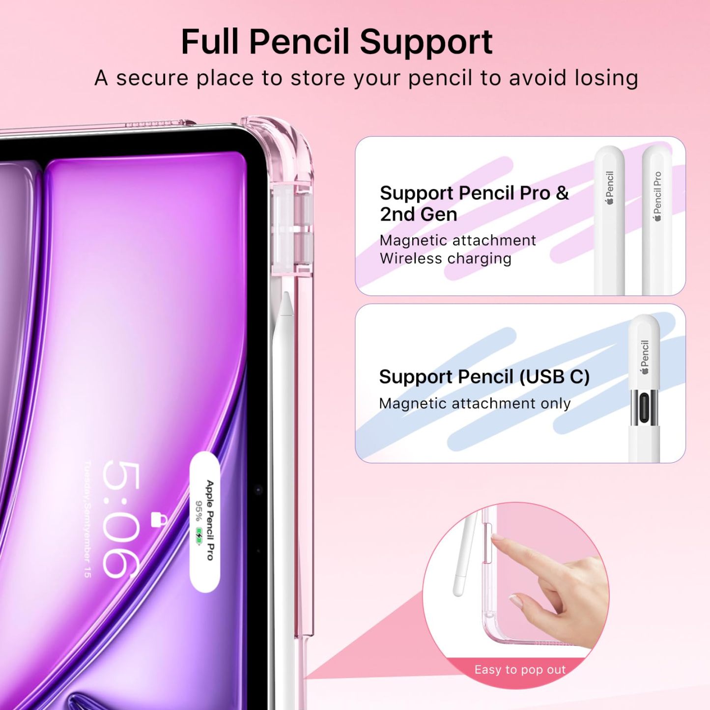 MoKo for iPad Air 11 inch Case (M4/M3/M2) 2026/2025/2024, iPad Air 5th/4th Gen 10.9 inch Case 2022/2020 with Pencil Holder, Slim Light Trifold Cover with Hard PC Translucent Back Shell, Pink