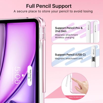 MoKo for iPad Air 11 inch Case (M4/M3/M2) 2026/2025/2024, iPad Air 5th/4th Gen 10.9 inch Case 2022/2020 with Pencil Holder, Slim Light Trifold Cover with Hard PC Translucent Back Shell, Pink