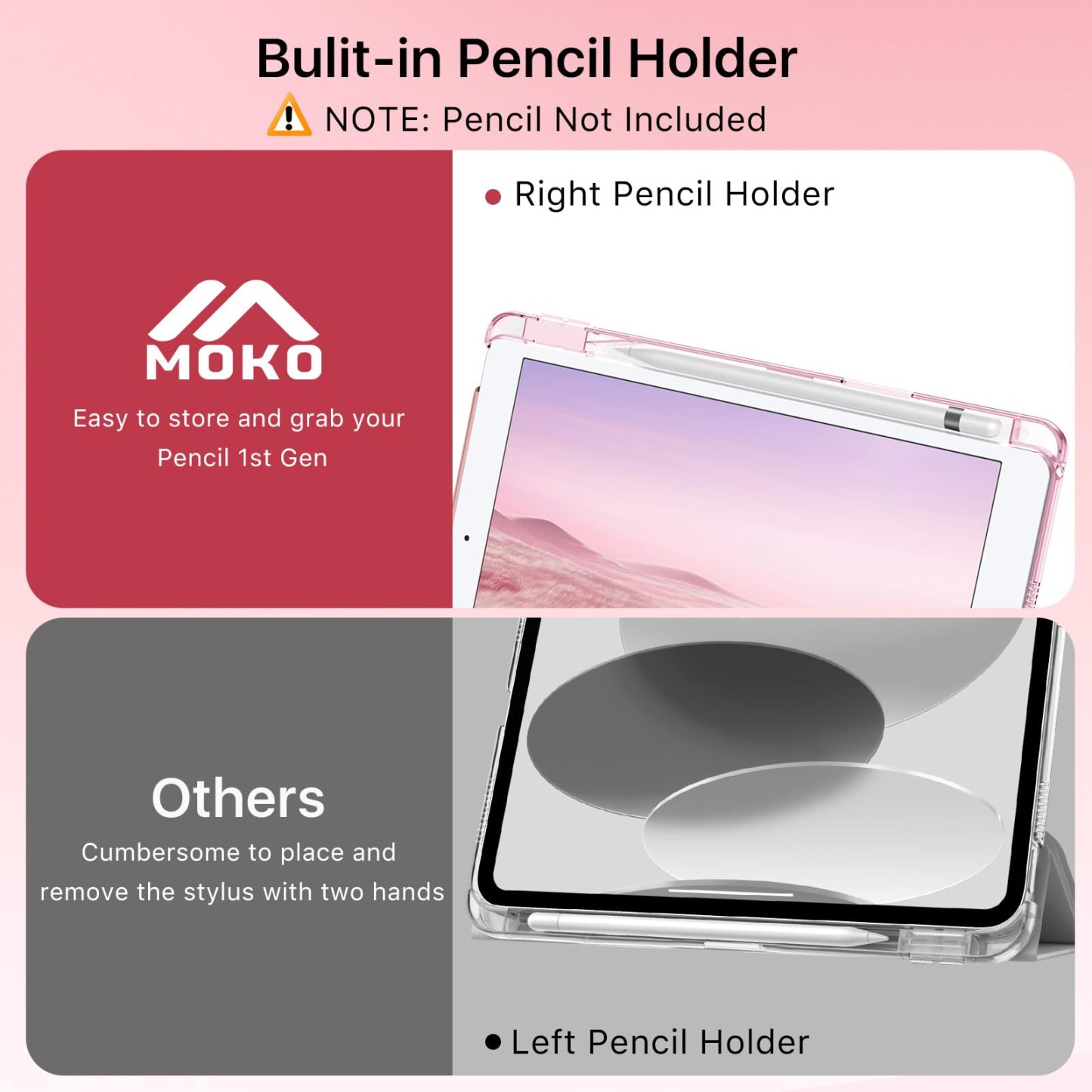 MoKo Case for iPad 9th/8th/7th Generation Case 10.2-Inch 2021/2020/2019 with Pencil Holder, Slim Light Trifold Protective Cover for iPad 10.2 with Hard PC Translucent Back Shell, Pink