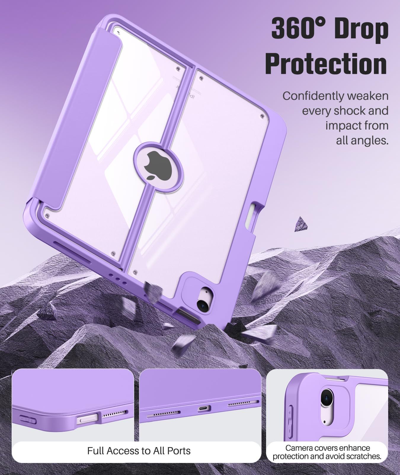 MoKo for iPad Air 11 Inch Case 7th/6th Generation M3/M2 2025/2024, iPad Air 5th/4th Gen Case 10.9 Inch 2022/2020 with Pencil Holder, Screen Protector, Lens Protector, Magnetic Multi Angle, Purple