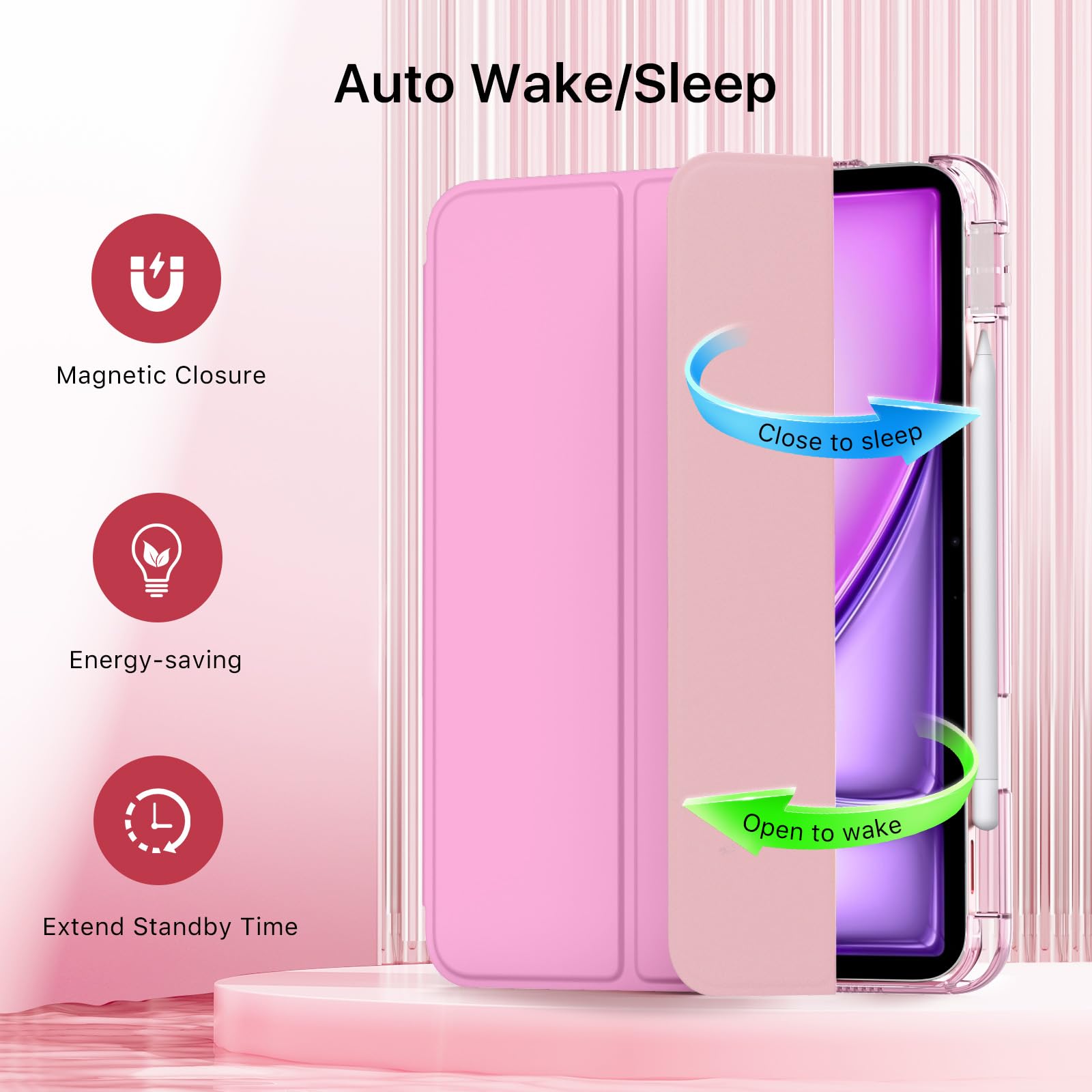 MoKo for iPad Air 11 inch Case (M4/M3/M2) 2026/2025/2024, iPad Air 5th/4th Gen 10.9 inch Case 2022/2020 with Pencil Holder, Slim Light Trifold Cover with Hard PC Translucent Back Shell, Pink