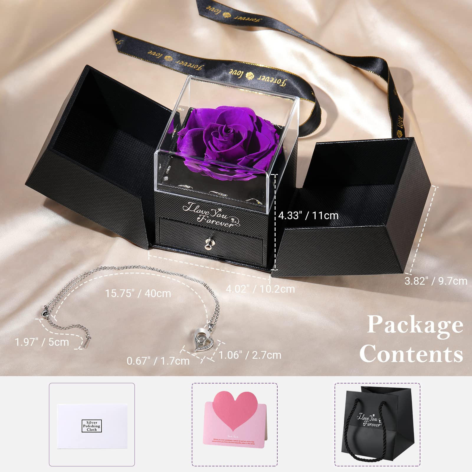 Emibele Preserved Rose Flower with Heart Necklace, Eternal Purple Rose Gifts for Her Women Mom Wife Grandma on Mothers Day Anniversary Birthday Valentines