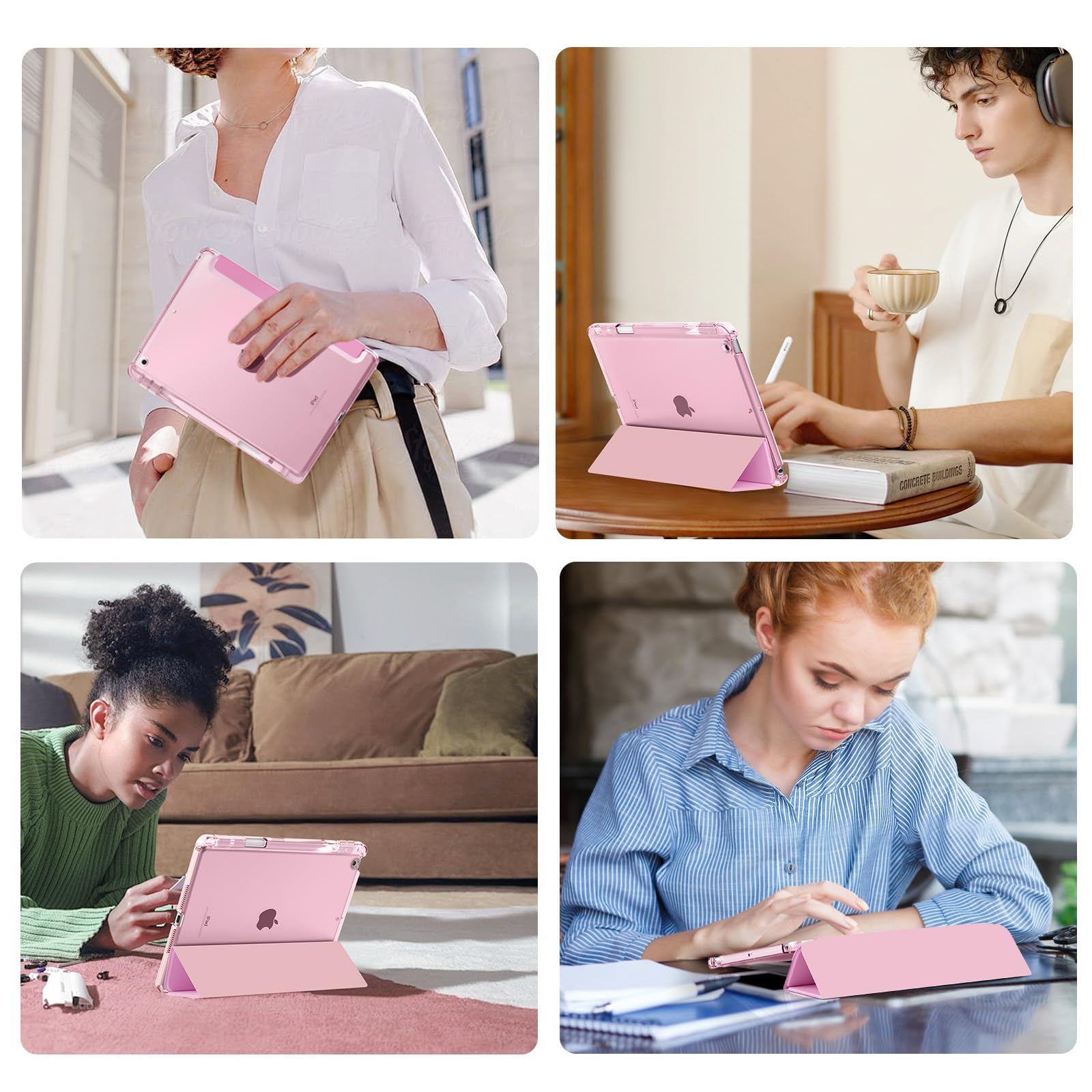 MoKo Case for iPad 9th/8th/7th Generation Case 10.2-Inch 2021/2020/2019 with Pencil Holder, Slim Light Trifold Protective Cover for iPad 10.2 with Hard PC Translucent Back Shell, Pink