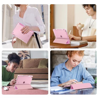 MoKo Case for iPad 9th/8th/7th Generation Case 10.2-Inch 2021/2020/2019 with Pencil Holder, Slim Light Trifold Protective Cover for iPad 10.2 with Hard PC Translucent Back Shell, Pink