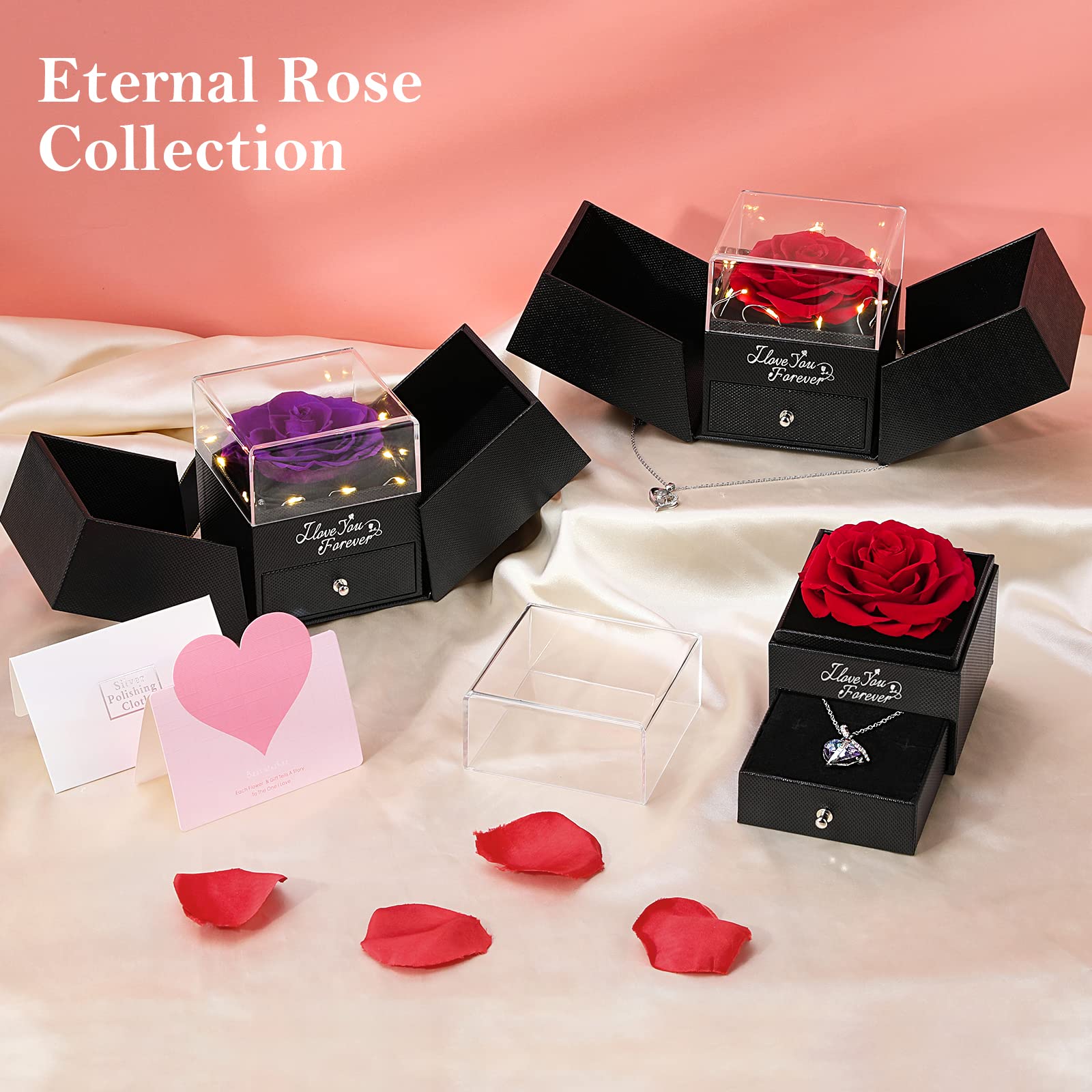 Emibele Preserved Rose Flower with Heart Necklace, Eternal Purple Rose Gifts for Her Women Mom Wife Grandma on Mothers Day Anniversary Birthday Valentines
